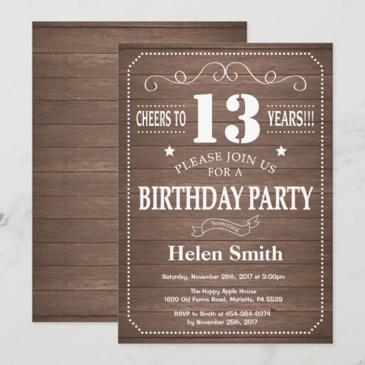 Rustic 13th Birthday Invitation Kaart (Voorkant / Achterkant)