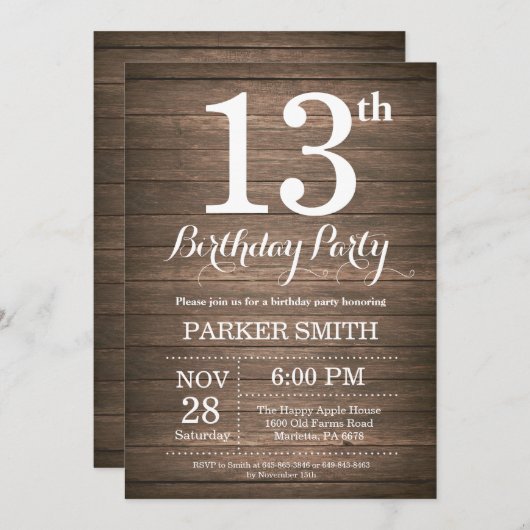 Rustic 13th Birthday Invitation Kaart (Voorkant / Achterkant)