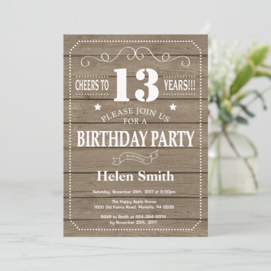 Rustic 13th Birthday Invitation Kaart (Staand voorkant)