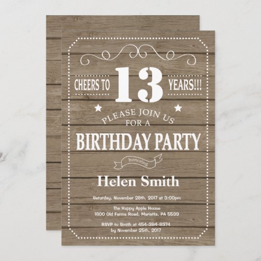 Rustic 13th Birthday Invitation Kaart (Voorkant / Achterkant)