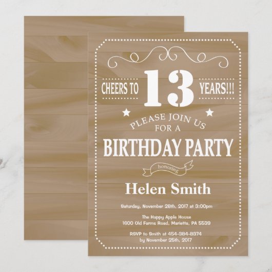 Rustic 13th Birthday Invitation Kaart (Voorkant / Achterkant)