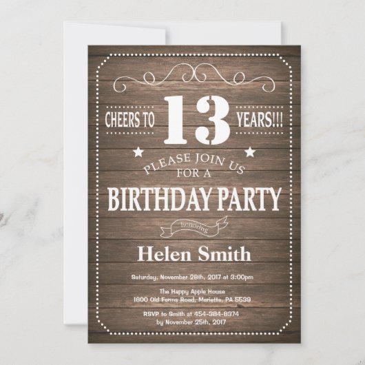 Rustic 13th Birthday Invitation Retro Kaart (Voorkant)