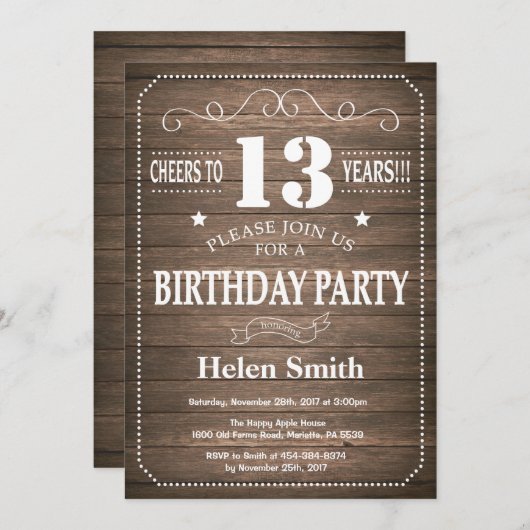Rustic 13th Birthday Invitation Retro Kaart (Voorkant / Achterkant)