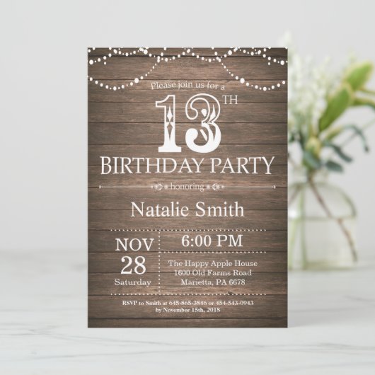 Rustic 13th Birthday Invitation String Lights Kaart (Staand voorkant)