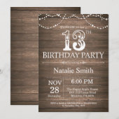Rustic 13th Birthday Invitation String Lights Kaart (Voorkant / Achterkant)
