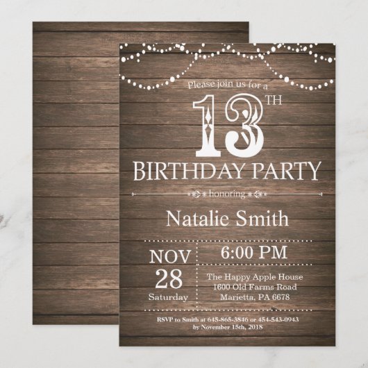 Rustic 13th Birthday Invitation String Lights Kaart (Voorkant / Achterkant)