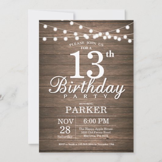Rustic 13th Birthday Invitation String Lights Wood Kaart (Voorkant)