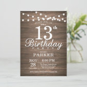 Rustic 13th Birthday Invitation String Lights Wood Kaart (Staand voorkant)