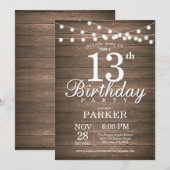 Rustic 13th Birthday Invitation String Lights Wood Kaart (Voorkant / Achterkant)