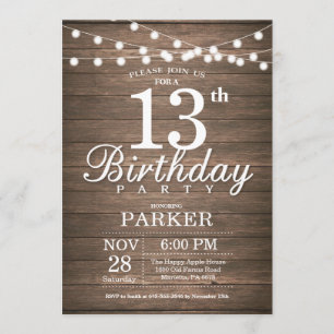 Rustic 13th Birthday Invitation String Lights Wood Kaart