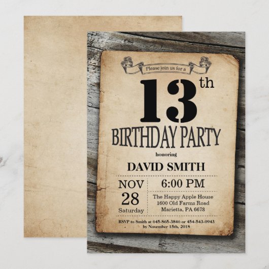 Rustic 13th Birthday Invitation  Wood Kaart (Voorkant / Achterkant)