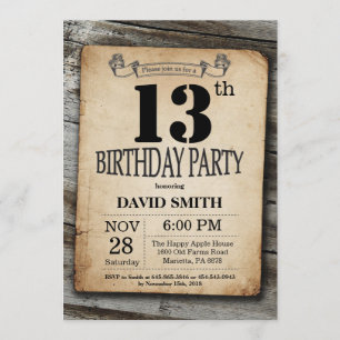 Rustic 13th Birthday Invitation  Wood Kaart