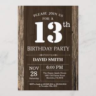 Rustic 13th Birthday Invitation  Wood Kaart