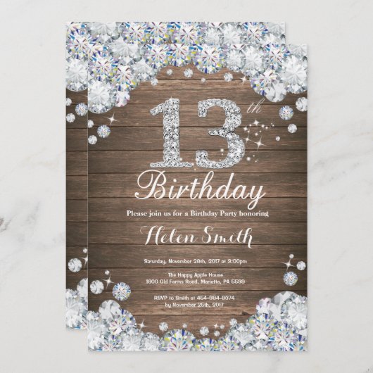 Rustic 13th Birthday Silver Diamond Kaart (Voorkant / Achterkant)