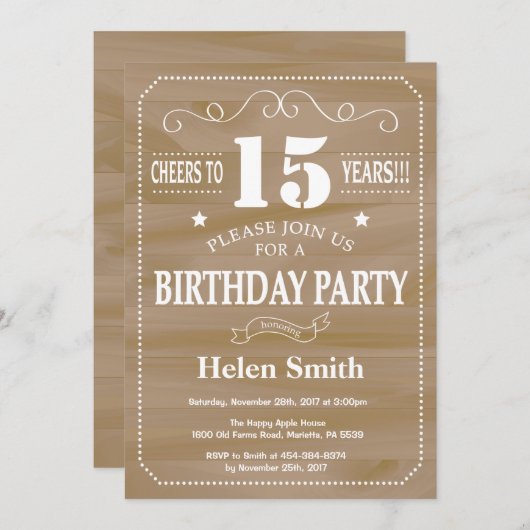 Rustic 15e verjaardagsuitnodiging kaart (Voorkant / Achterkant)