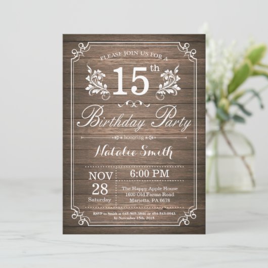 Rustic 15th Birthday Invitation Floral Kaart (Staand voorkant)