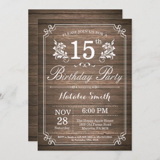 Rustic 15th Birthday Invitation Floral Kaart (Voorkant / Achterkant)