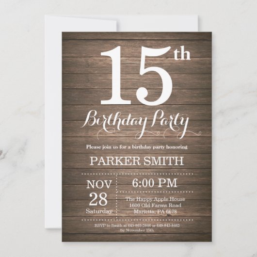 Rustic 15th Birthday Invitation Kaart (Voorkant)