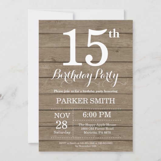 Rustic 15th Birthday Invitation Kaart (Voorkant)