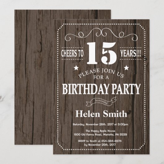 Rustic 15th Birthday Invitation Kaart (Voorkant / Achterkant)