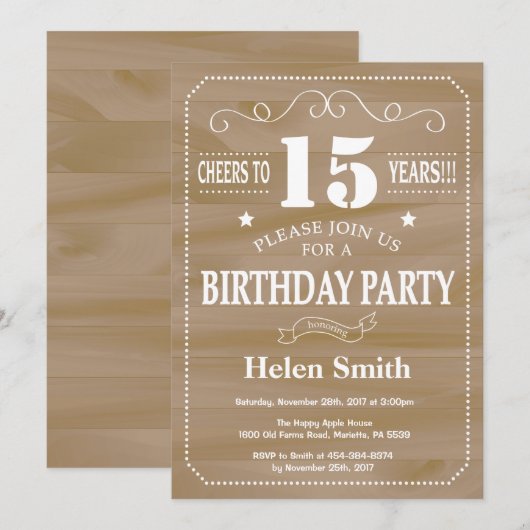 Rustic 15th Birthday Invitation Kaart (Voorkant / Achterkant)