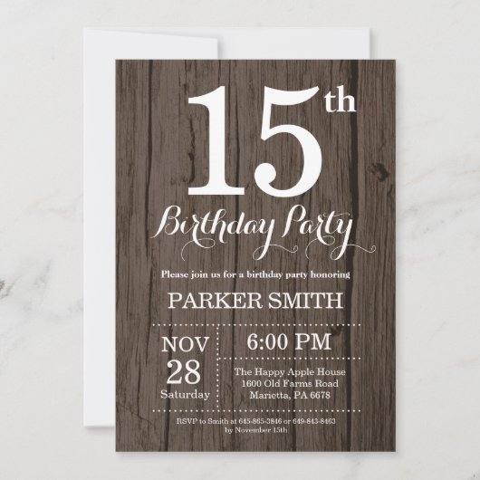 Rustic 15th Birthday Invitation Kaart (Voorkant)