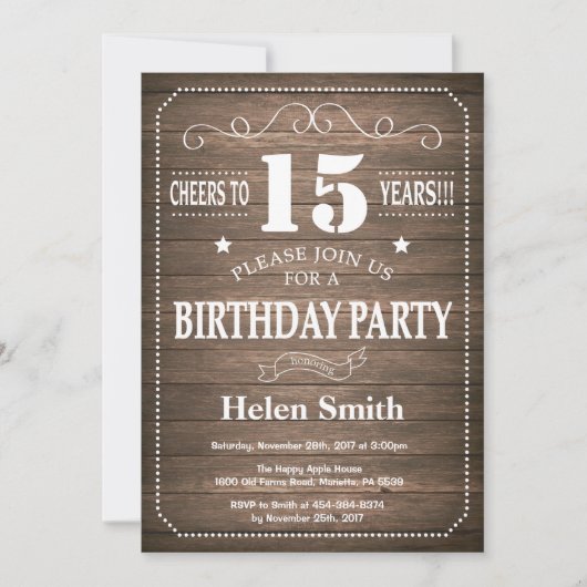 Rustic 15th Birthday Invitation Kaart (Voorkant)