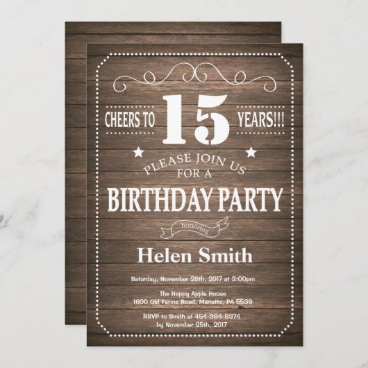 Rustic 15th Birthday Invitation Kaart (Voorkant / Achterkant)