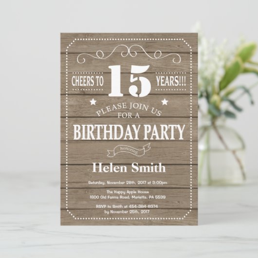 Rustic 15th Birthday Invitation Kaart (Staand voorkant)