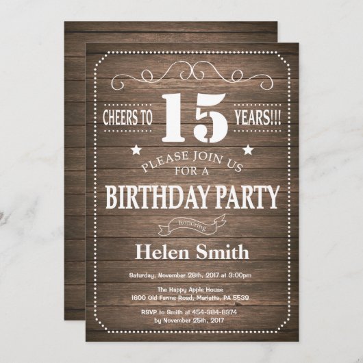 Rustic 15th Birthday Invitation  Retro Kaart (Voorkant / Achterkant)