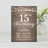 Rustic 15th Birthday Invitation String Lights Wood Kaart (Staand voorkant)