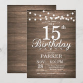 Rustic 15th Birthday Invitation String Lights Wood Kaart (Voorkant / Achterkant)
