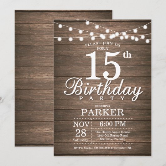 Rustic 15th Birthday Invitation String Lights Wood Kaart (Voorkant / Achterkant)