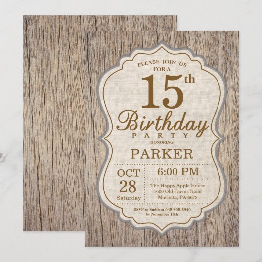 Rustic 15th Birthday Invitation Wood Kaart (Voorkant / Achterkant)