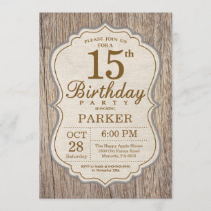 Rustic 15th Birthday Invitation Wood Kaart