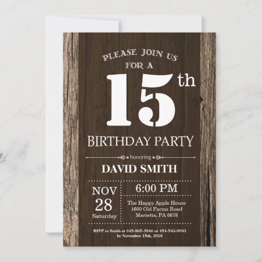 Rustic 15th Birthday Invitation Wood Kaart (Voorkant)