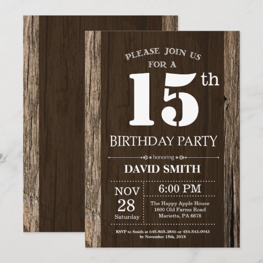 Rustic 15th Birthday Invitation  Wood Kaart (Voorkant / Achterkant)
