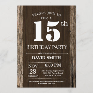Rustic 15th Birthday Invitation  Wood Kaart