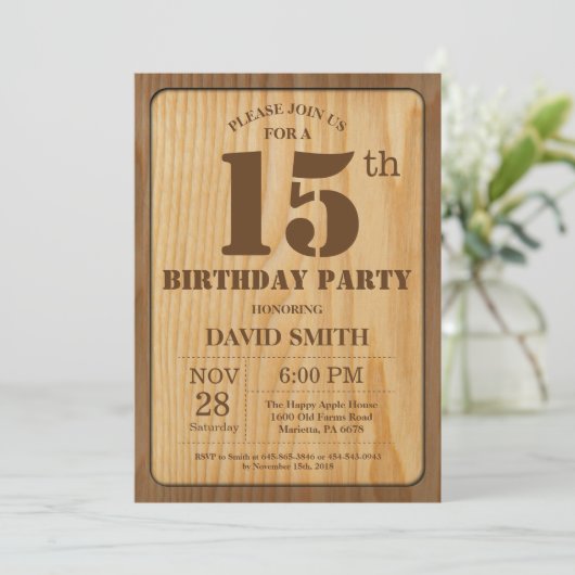 Rustic 15th Birthday Invitation  Wood Kaart (Staand voorkant)