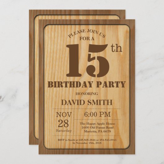 Rustic 15th Birthday Invitation  Wood Kaart (Voorkant / Achterkant)
