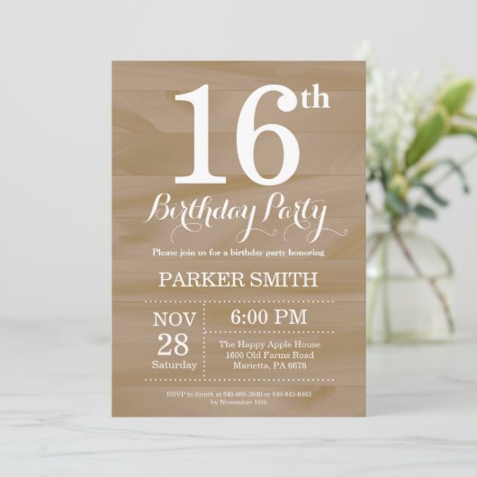 Rustic 16th Birthday Invitation Kaart (Staand voorkant)