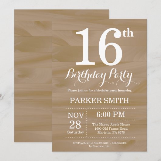 Rustic 16th Birthday Invitation Kaart (Voorkant / Achterkant)