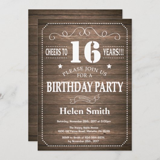 Rustic 16th Birthday Invitation Kaart (Voorkant / Achterkant)