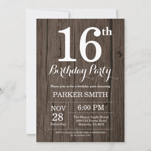 Rustic 16th Birthday Invitation Kaart (Voorkant)