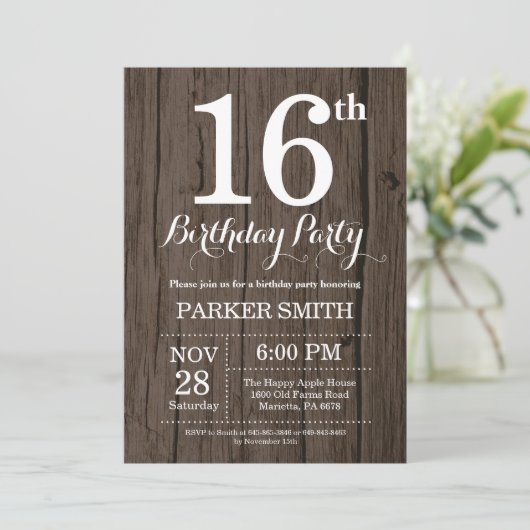 Rustic 16th Birthday Invitation Kaart (Staand voorkant)