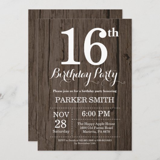 Rustic 16th Birthday Invitation Kaart (Voorkant / Achterkant)