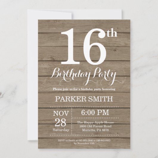Rustic 16th Birthday Invitation Kaart (Voorkant)