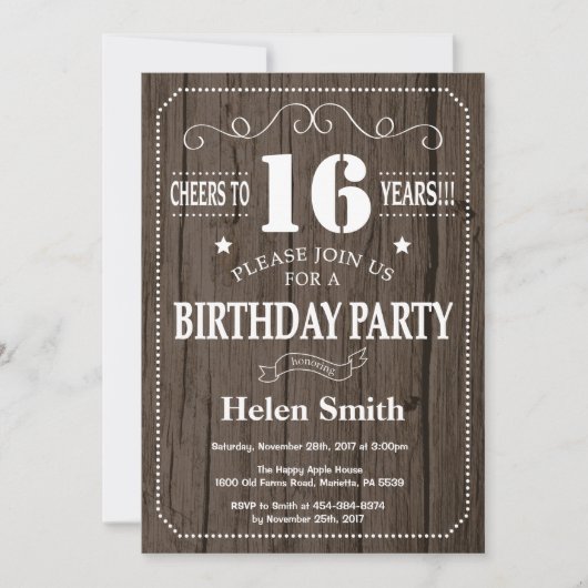 Rustic 16th Birthday Invitation Kaart (Voorkant)