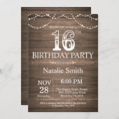 Rustic 16th Birthday Invitation String Lights Kaart (Voorkant / Achterkant)