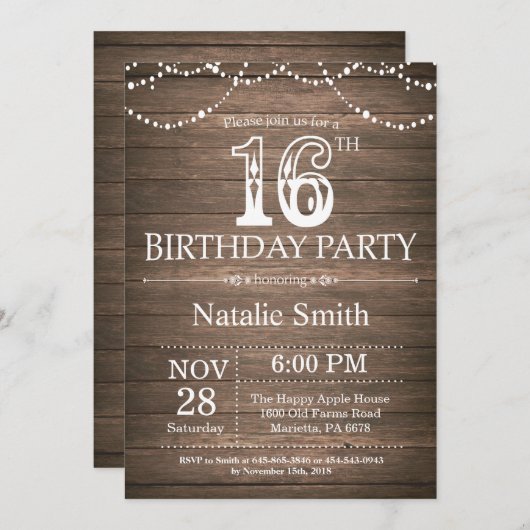 Rustic 16th Birthday Invitation String Lights Kaart (Voorkant / Achterkant)